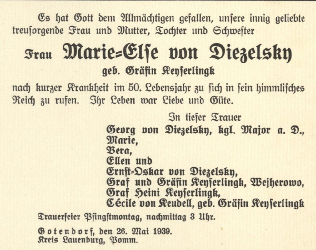 Informacja o zgonie i pogrzebie Marie von Diezelsky z domu von Kyeserlingk